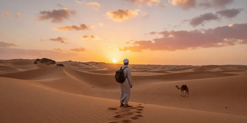 Urlaub Oman: Reisender in der Wüste von Oman während des Sonnenuntergangs.