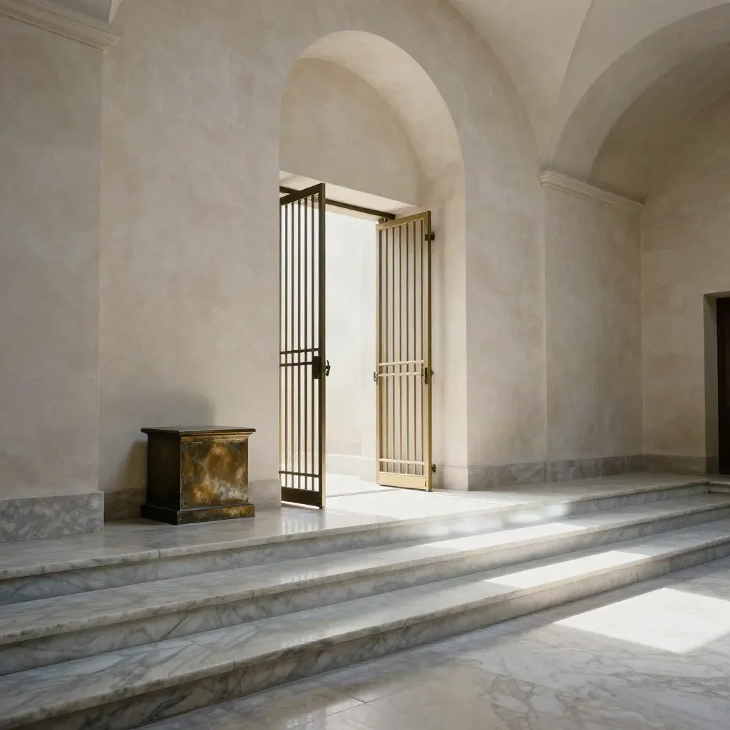 Leere Museumsvorhalle mit Marmortreppe, Bronzesockel und offenem Eingangsgitter im Morgenlicht.