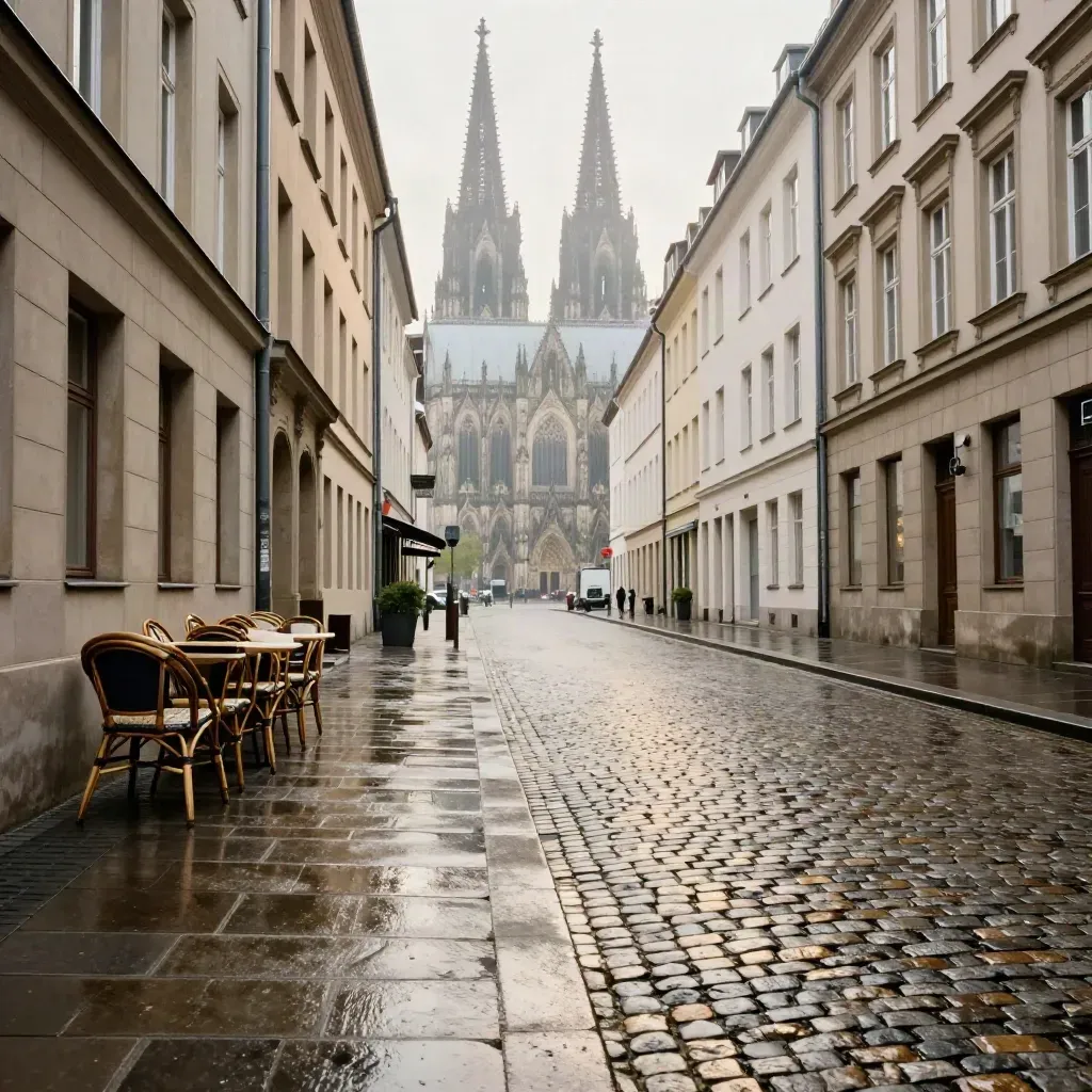 Nasse Altstadtgasse in Köln mit Blick zum Dom, gestapelten Caféstühlen und morgendlichem Dunst.