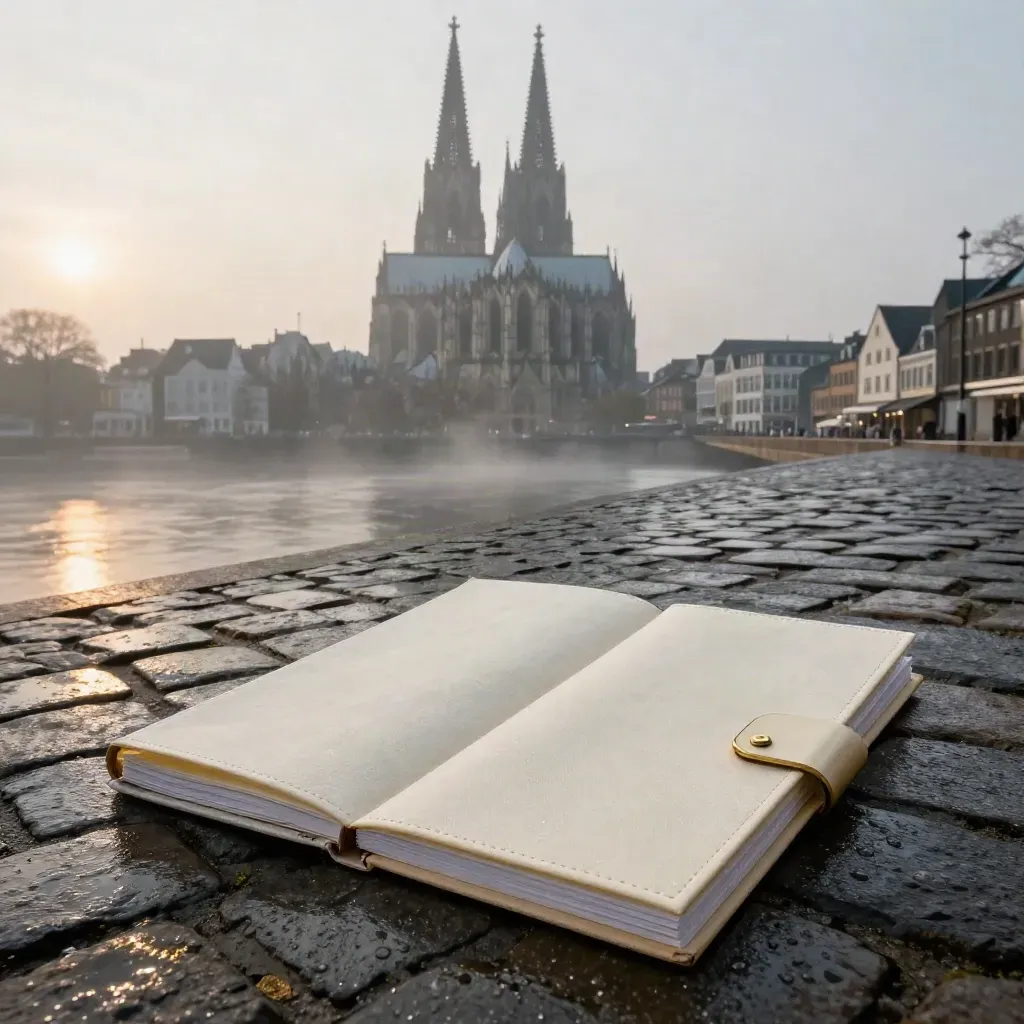 Kölner Dom im Morgennebel mit nassen Pflastersteinen und cremefarbenem Tour-Kit im Vordergrund