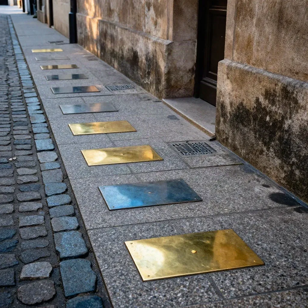 Brassene Gedenksteine in schmaler Altstadtgasse, Abendlicht über Stein und Schatten.