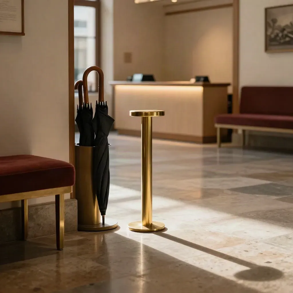 Elegantes Galeriefoyer mit glänzendem Boden, Ticketreihe, Schirmständer und heller Rezeption.