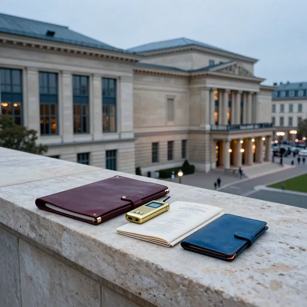 Bonn im Blauhour mit Museumsfassaden, Konzertsaal und burgunderfarbener Kulturmappe auf Stein.