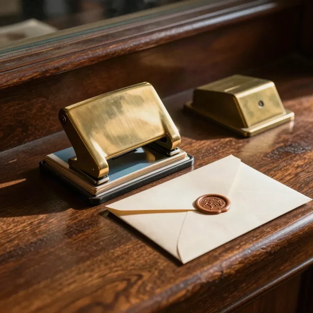 Brass-Ticketpunch, Eintrittsbänder und versiegelter Umschlag auf einer Museumstheke.