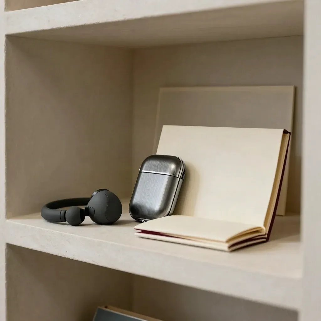 Radio-Earpiece, Schlüsseletui und Kartenhülle auf einer hellen Regalfläche im sanften Seitenlicht.