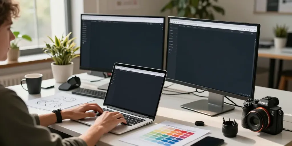 Webdesign Saarland: Designer bei der Arbeit an modernen Webseiten-Prototypen in inspirierender Umgebung.
