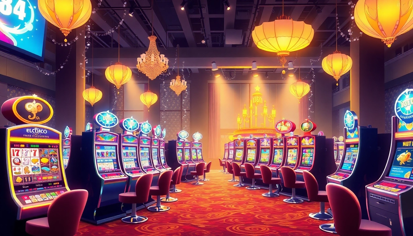 Spielen Sie auf einem faszinierenden Casino online mit leuchtenden Spielautomaten im Hintergrund.