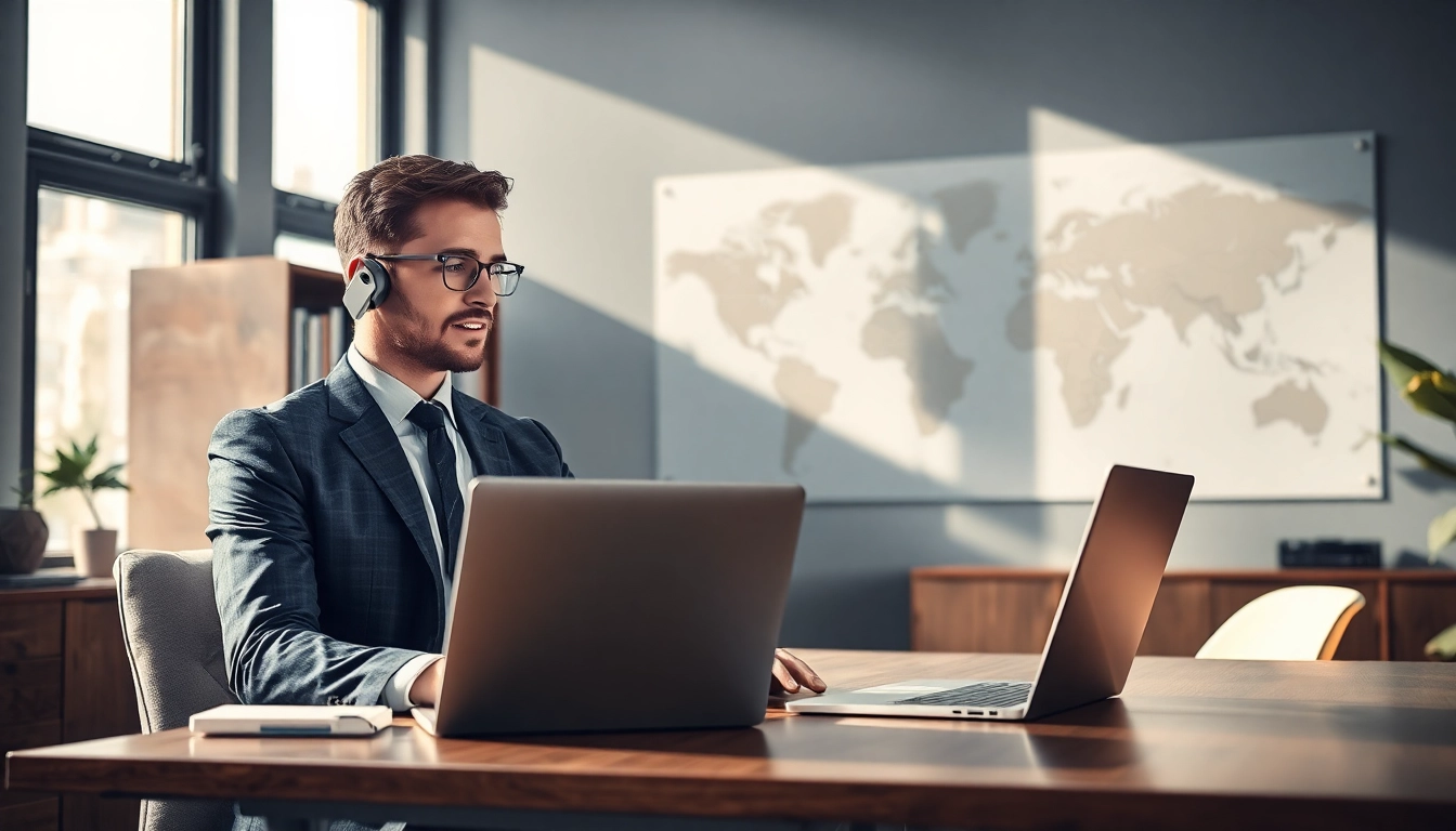 Headhunter bei der Arbeit in einem modernen Büro, nutzt Laptop und telefoniert, um Talente zu finden.