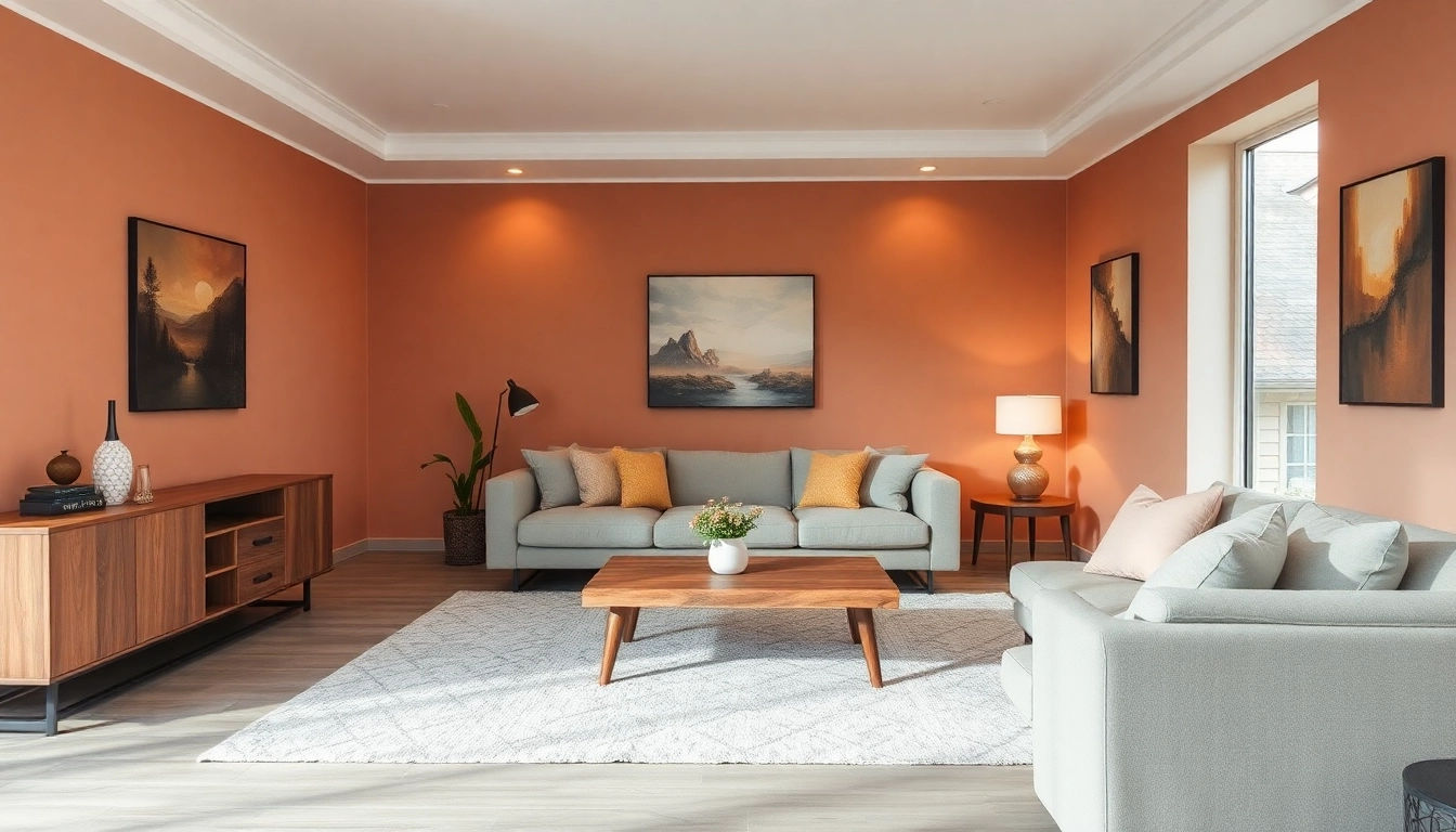 Raumgestaltung eines modernen Wohnzimmers mit harmonischen Farben und gemütlichen Möbeln.