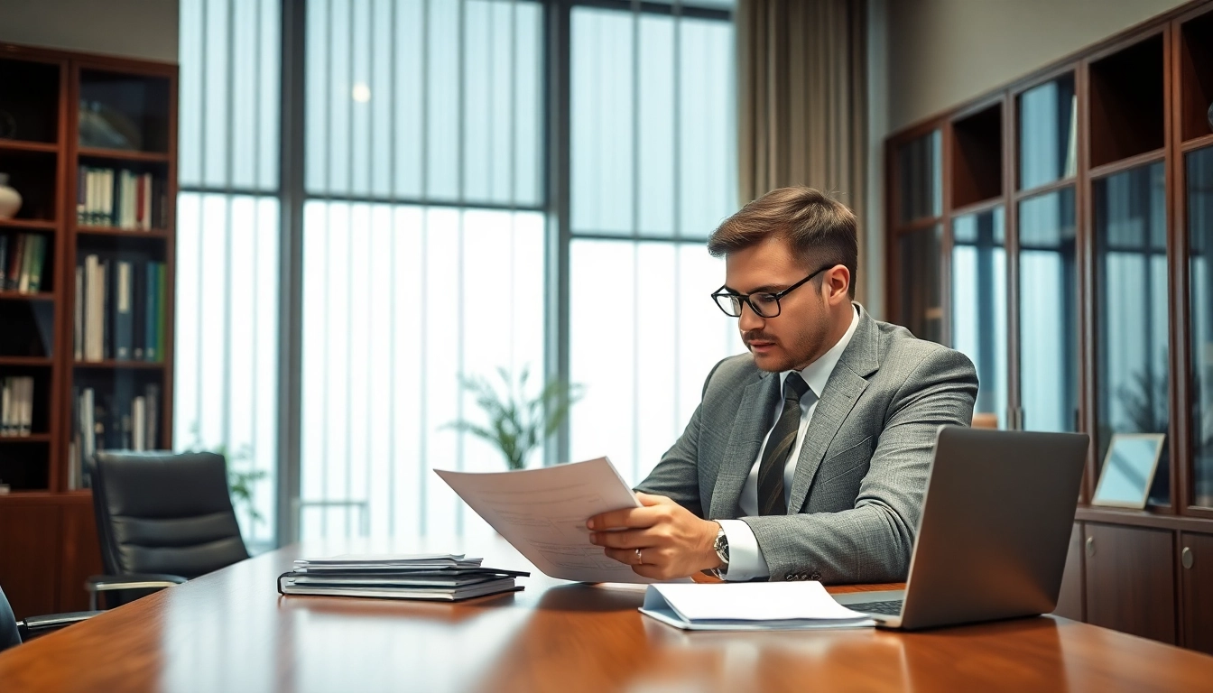 Headhunter Geschäftsführer bei der Durchsicht von Bewerbungsunterlagen in einem modernen Büro.