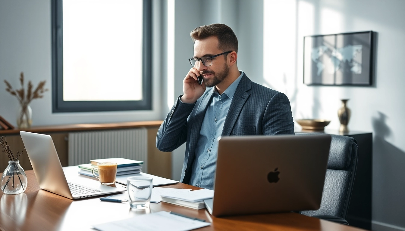 Headhunter Hagen in einem modernen Büro, während er professionell einen Kandidaten anspricht.