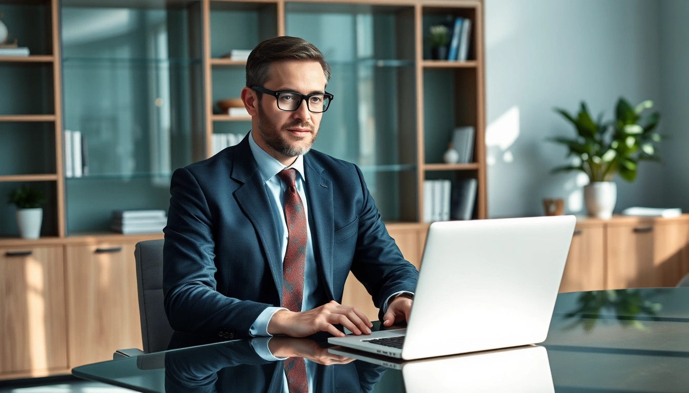 Headhunter arbeitet konzentriert an seinem Laptop in einem modernen Büro.