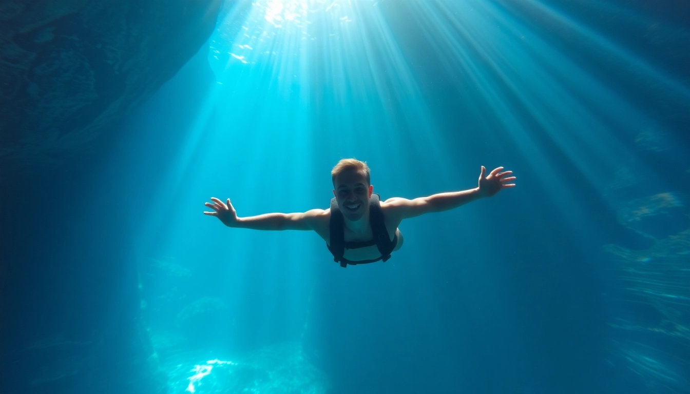 Tauchen Cenotes: Taucher erkundet die faszinierende Unterwasserwelt einer Cenote mit kristallklarem Wasser.