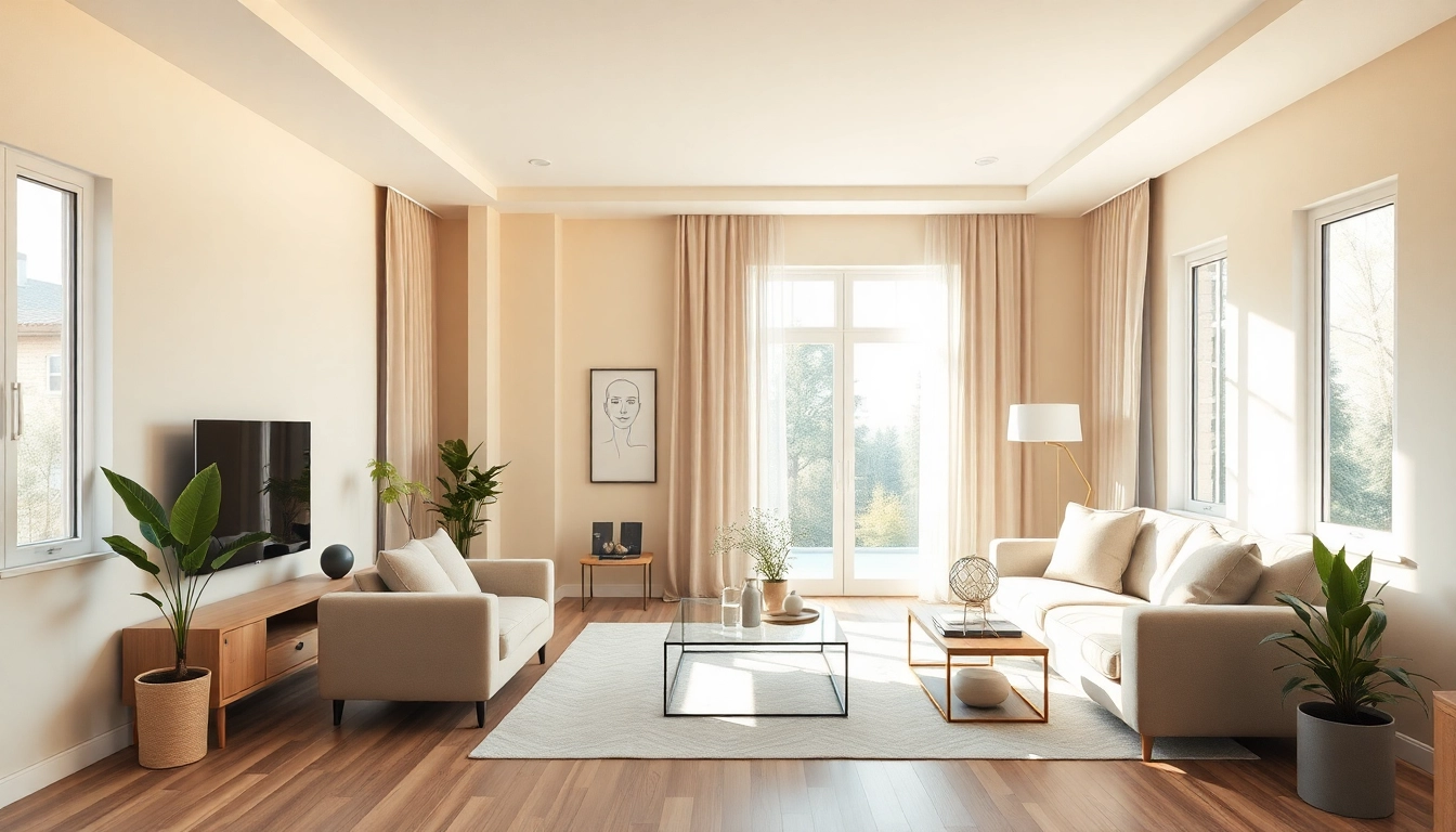 Raumgestaltung mit minimalistischer Einrichtung und natürlichem Licht über große Fenster