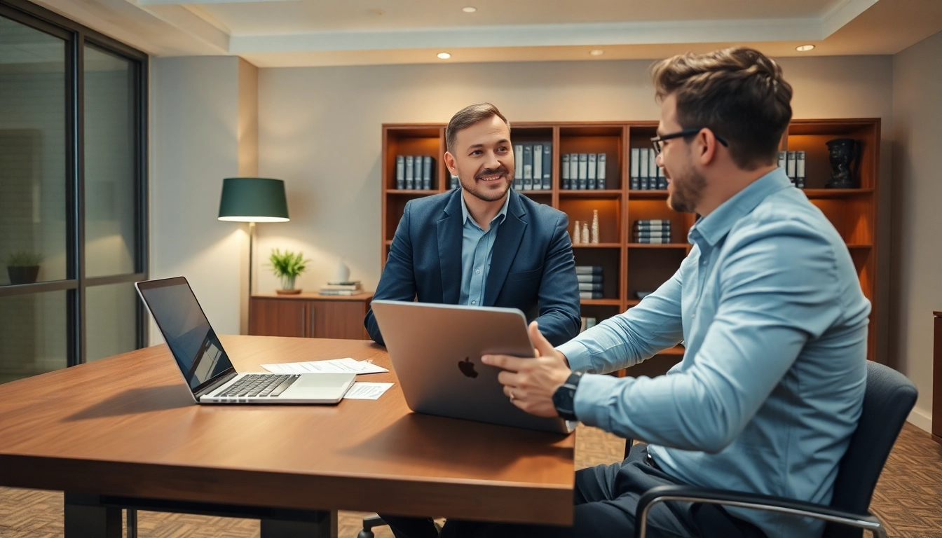 Professioneller Headhunter Oberhausen führt ein informelles Gespräch in einem eleganten Büro.