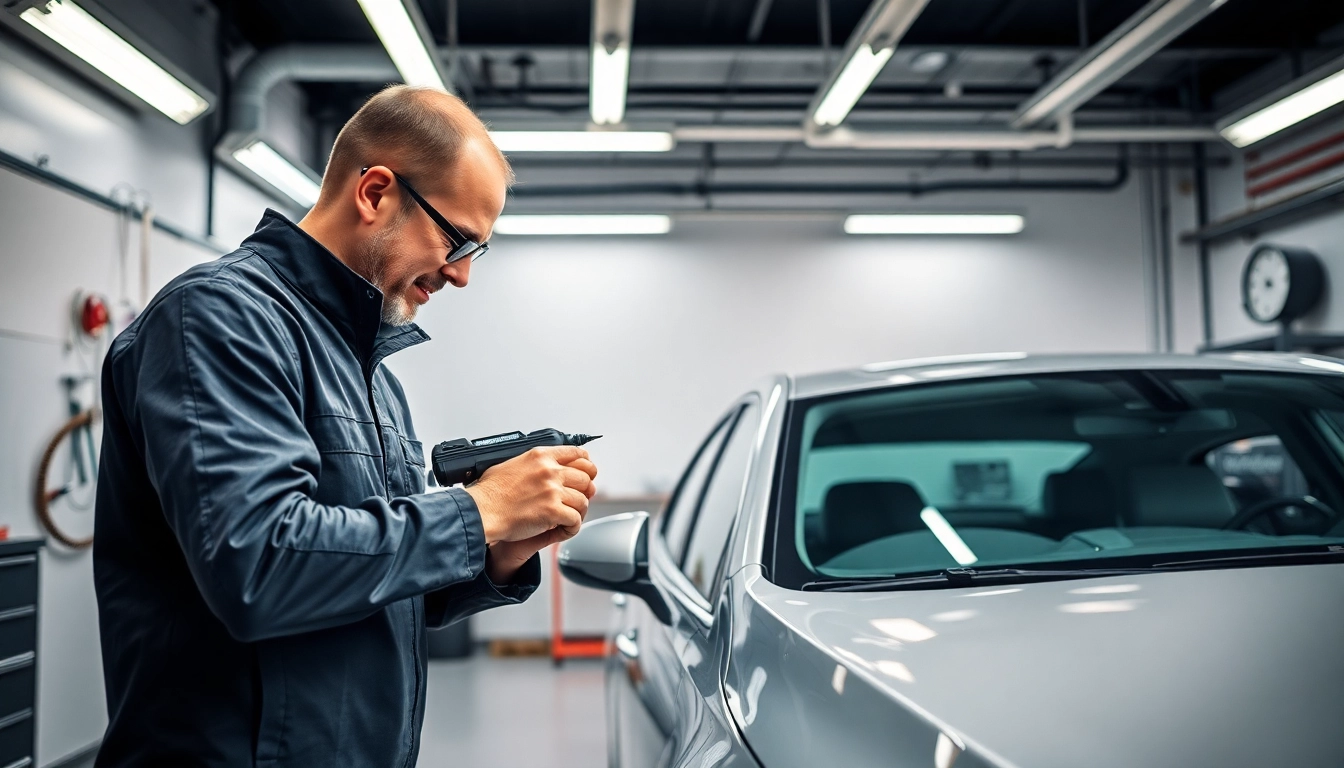 Dellenreparatur München (PDR) in einer professionellen Werkstatt, Techniker repariert Delle an Auto.