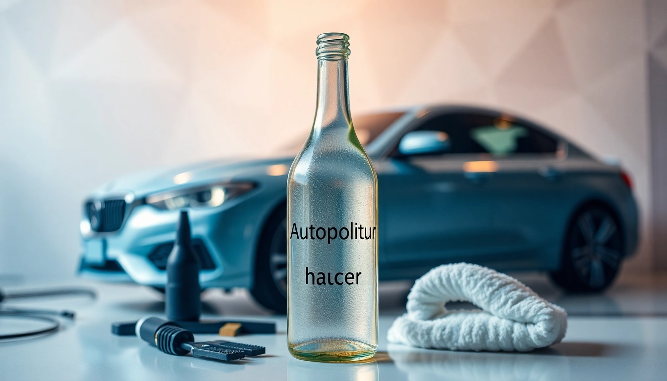 Autopolitur kaufen leicht gemacht mit einer hochwertigen Pflegeflasche und poliertem Auto im Hintergrund.