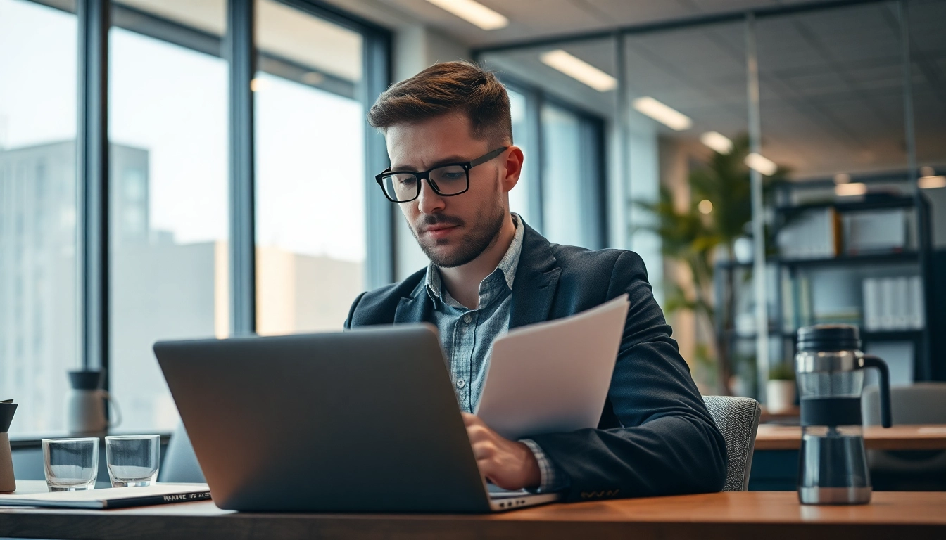Headhunter IT arbeitet in einem modernen Büro mit Laptop.