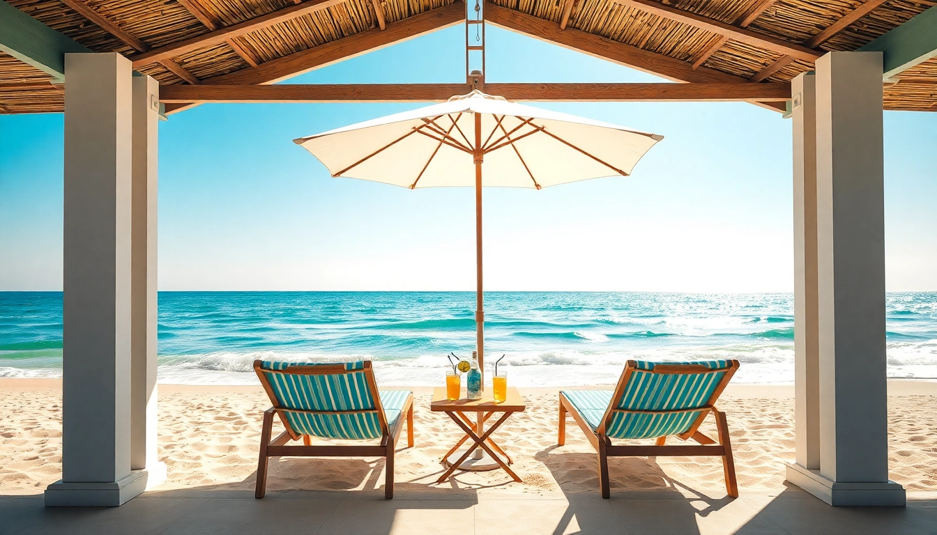 Entspannen Sie sich im Coastal Cabana mit Meerblick und Liegestühlen