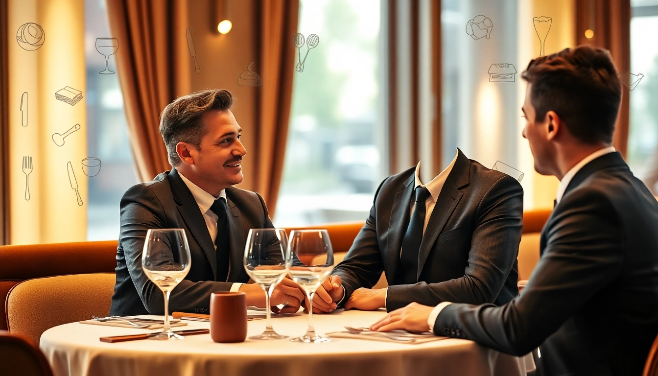 Headhunter Gastronomie im Gespräch mit einem Gastronomieprofi in einem eleganten Restaurant, Notizen machend und professionell.