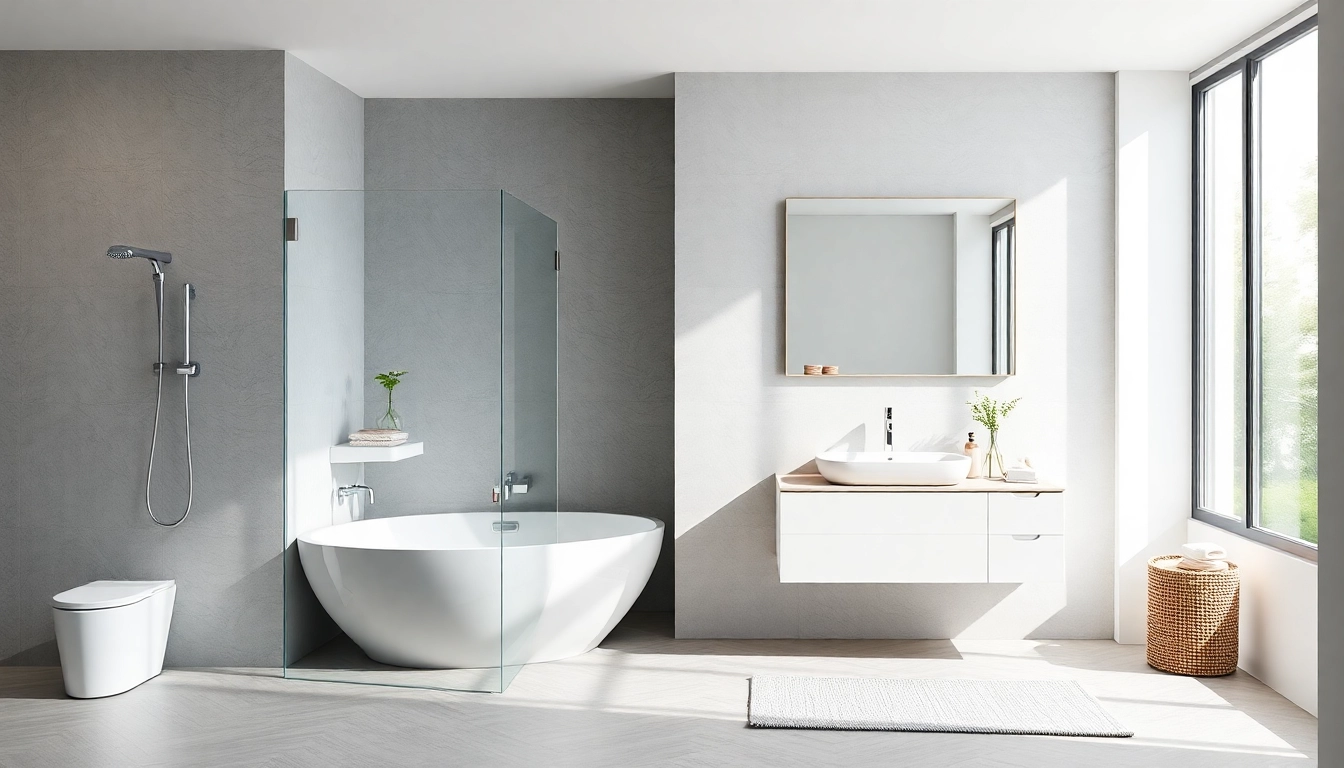 Entdecken Sie das moderne Badezimmer mit Sonni Sanitär Produkten: elegante Dusche, stilvolles Waschbecken und reflektierender Badspiegel.