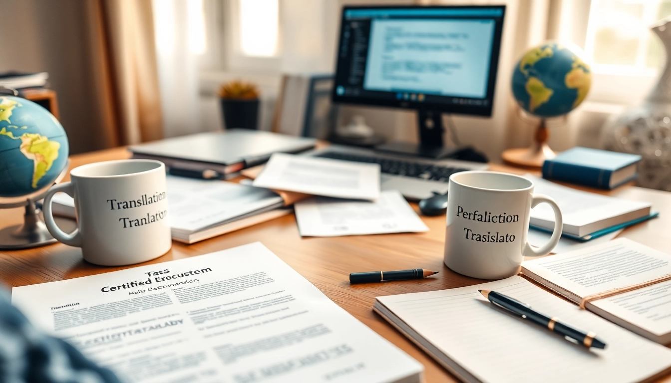 Professioneller Arbeitsplatz eines beglaubigten Übersetzers mit Übersetzungswerkzeugen und Dokumenten.