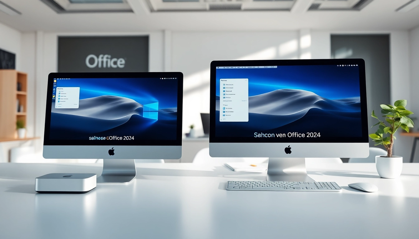 Zeige die Benutzeroberfläche von Office 2024 für Mac Mini und iMac mit sofort Download in einem modernen Büro.