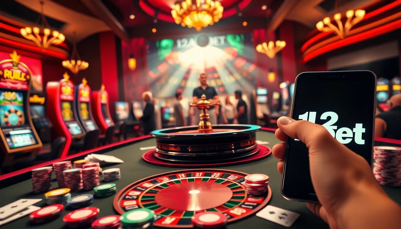 Excited gamblers engaging at a casino table while checking the link 12bet on their smartphones