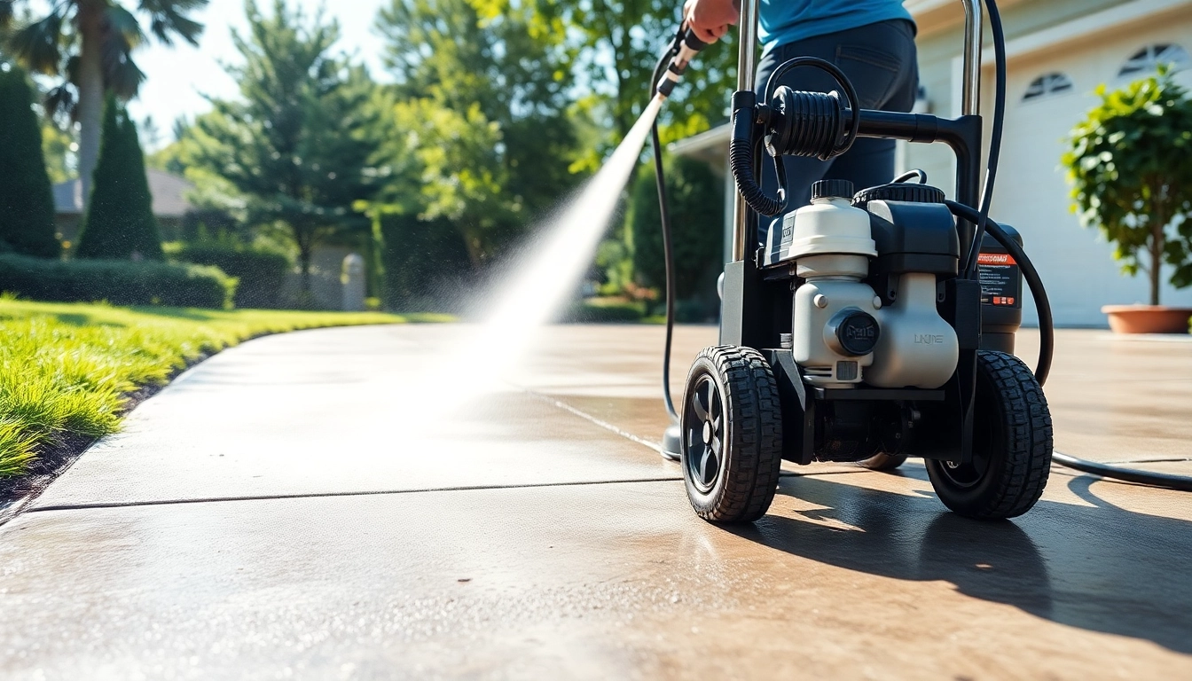 Driveway pressure wash service in action, showcasing professional cleaning transformation.