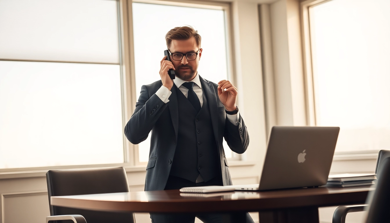 Professioneller Headhunter Gastronomie, der in einem Büro mit Lebensläufen telefoniert.