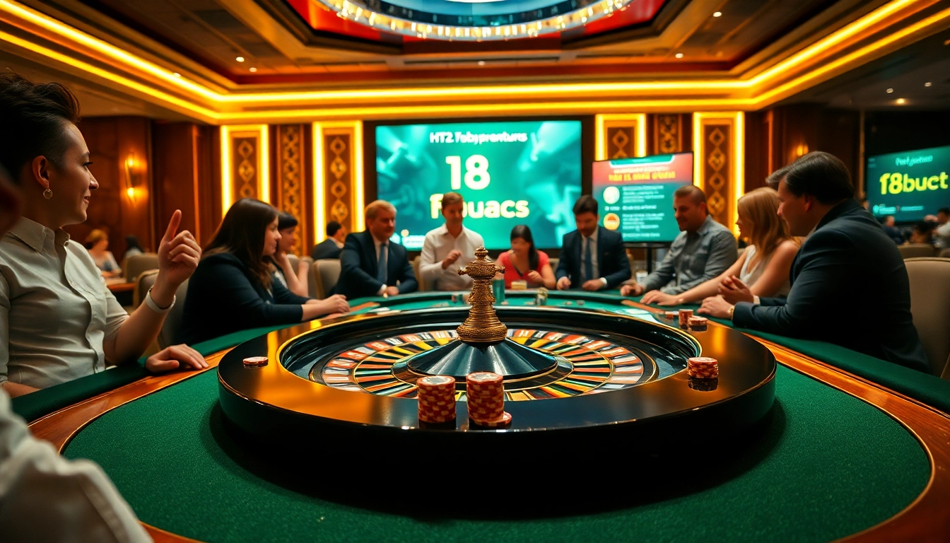 Players enjoying a roulette game in a luxury casino environment, showcasing https://f8bet.ventures/ promotions.