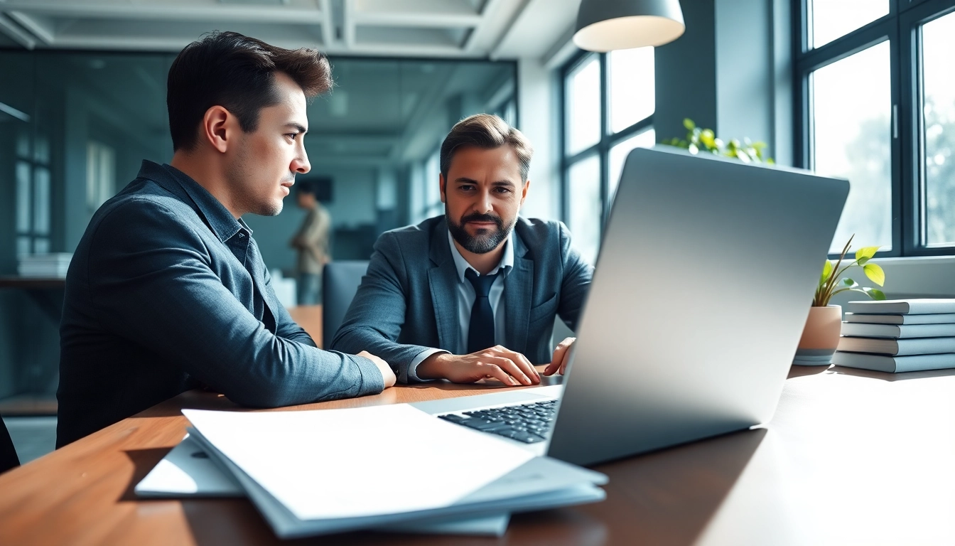 Headhunter IT berät Kunden professionell in einem modernen Büro mit Laptop und Lebensläufen.