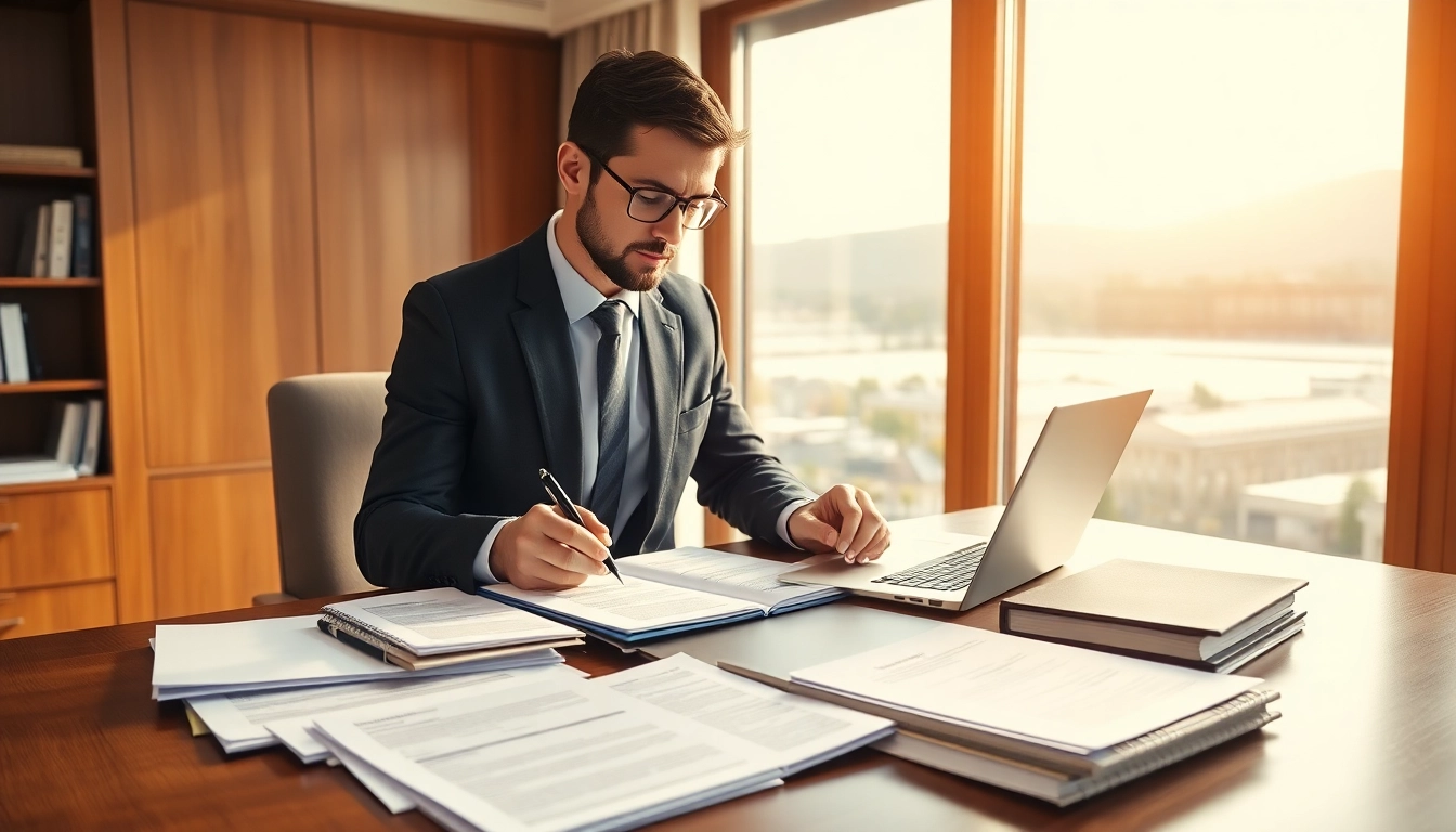 Headhunter Schweiz arbeitet konzentriert in einem eleganten Büro mit Laptop.