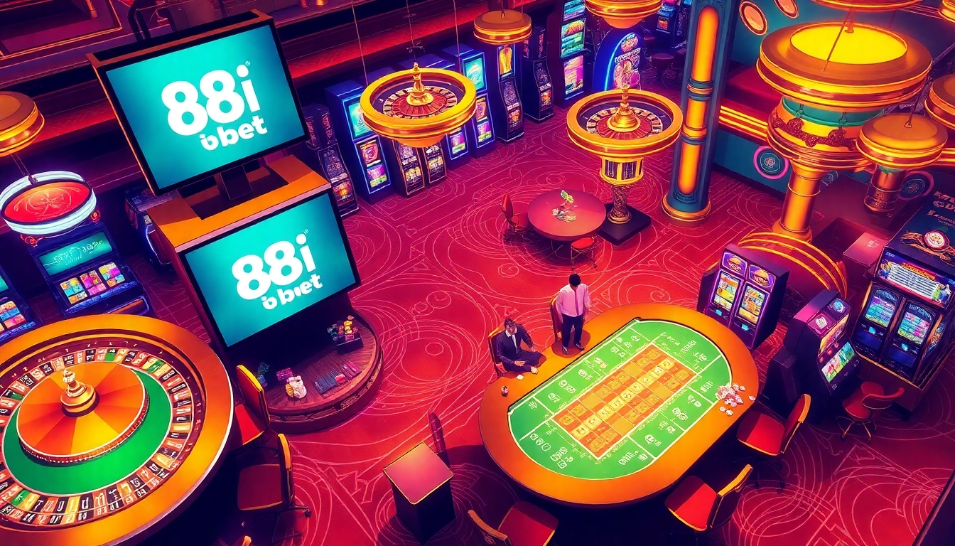 Gambling scene with the 88i bet logo prominently displayed, showcasing excitement and luxury in a casino.