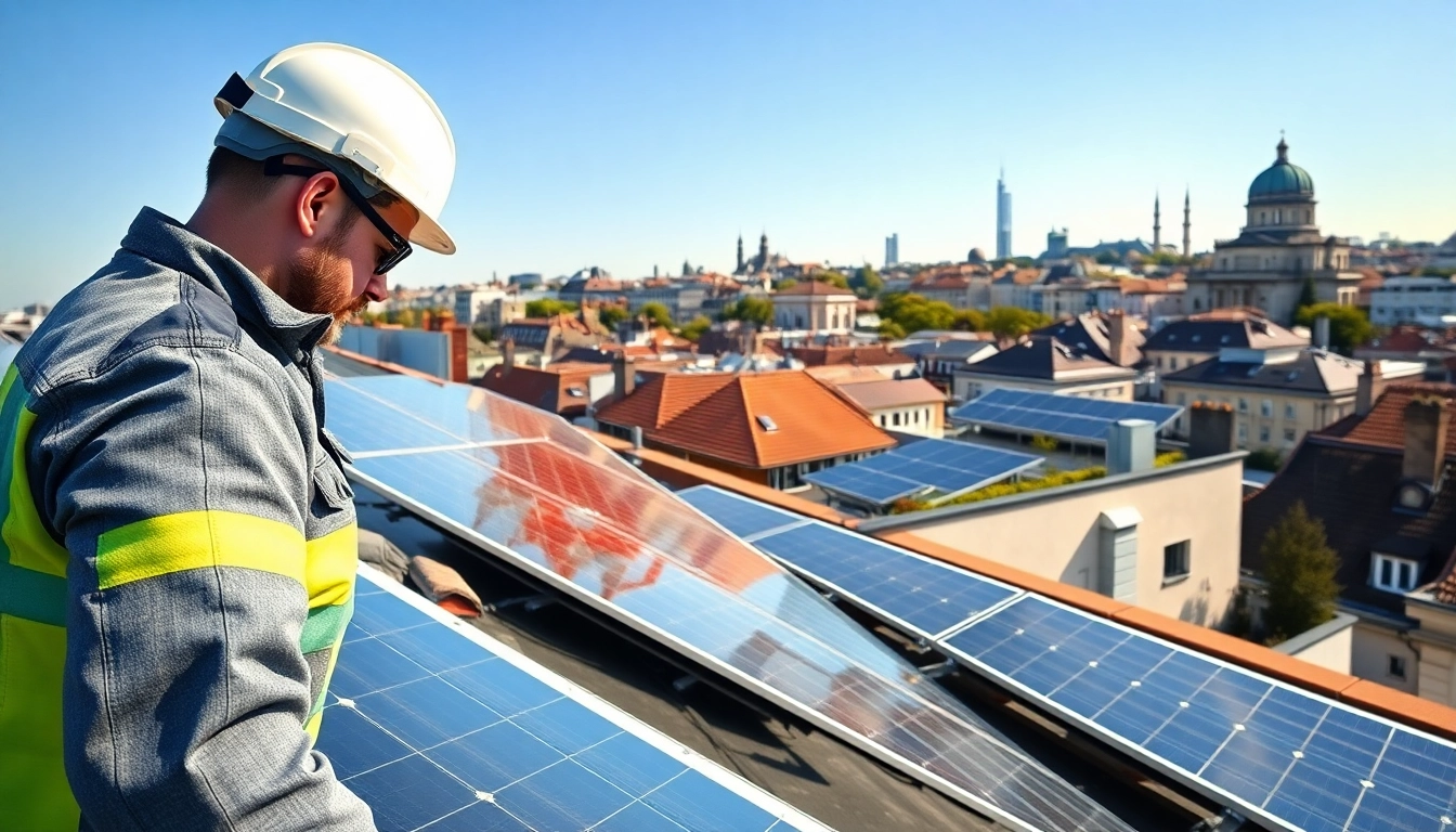 Solar Wien zeigt moderne Solaranlagen in Wien mit Fachleuten, die an Photovoltaik arbeiten.