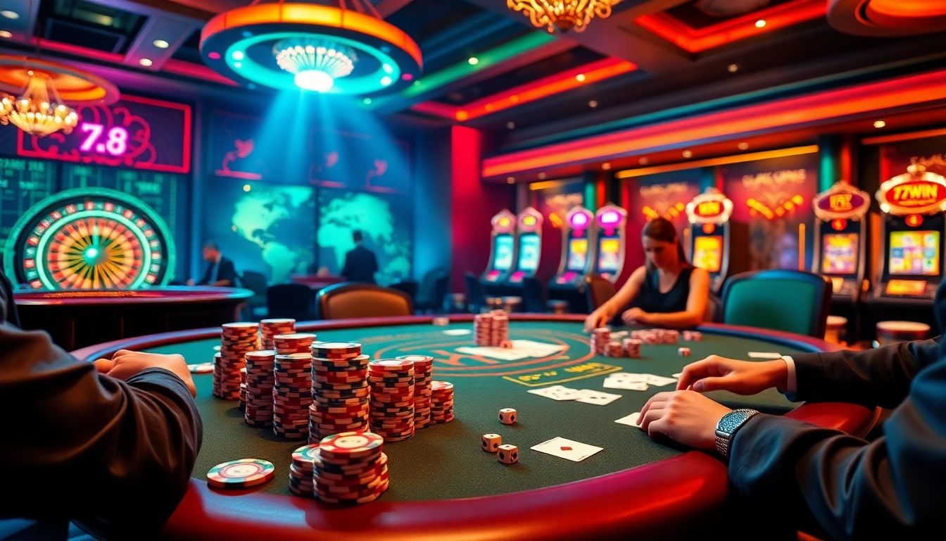 Experience the thrill of 78WIN with players at a luxurious casino poker table and exciting game elements.