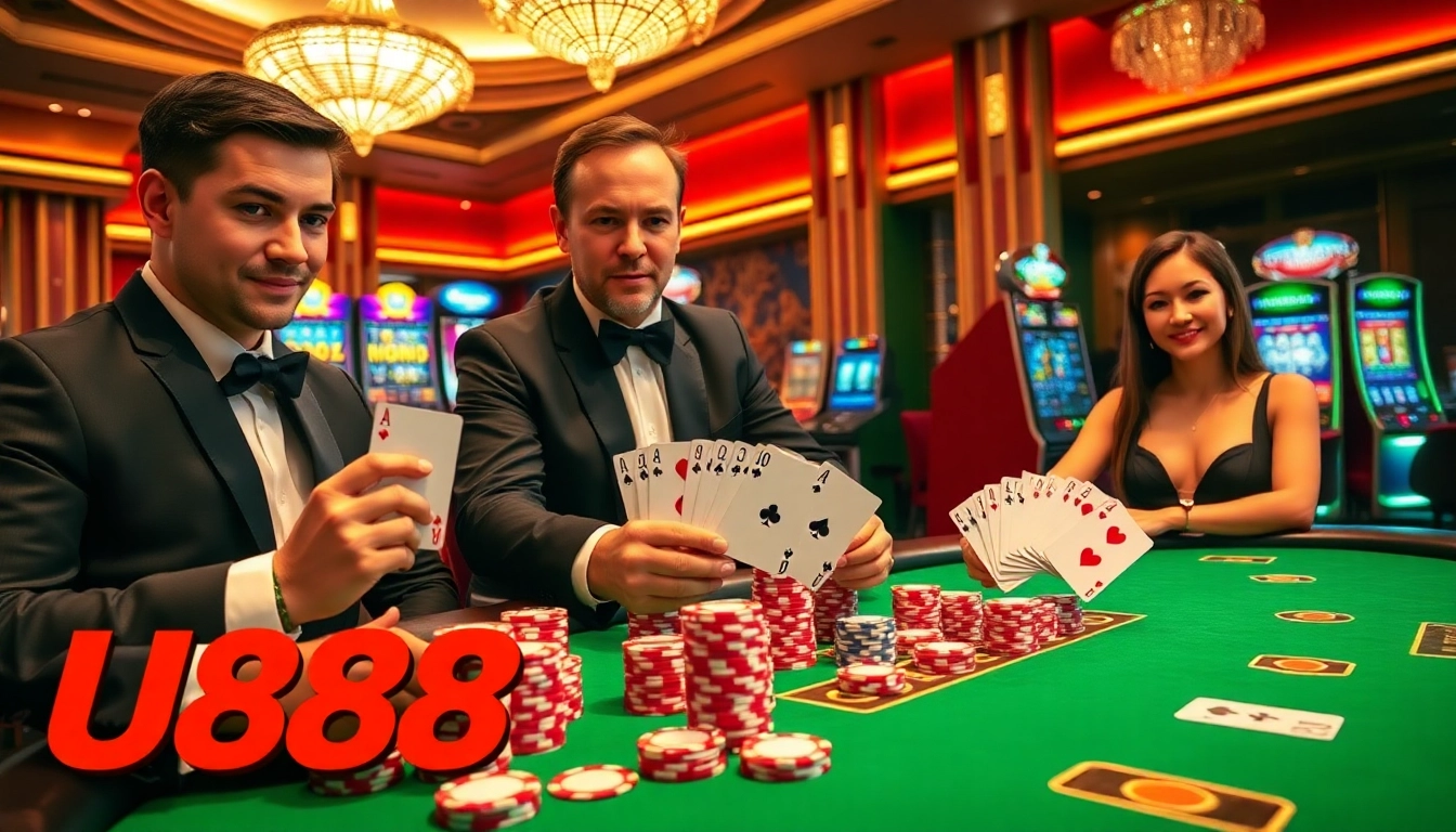 Experience high-stakes action at U888 with players at a thrilling casino poker table.