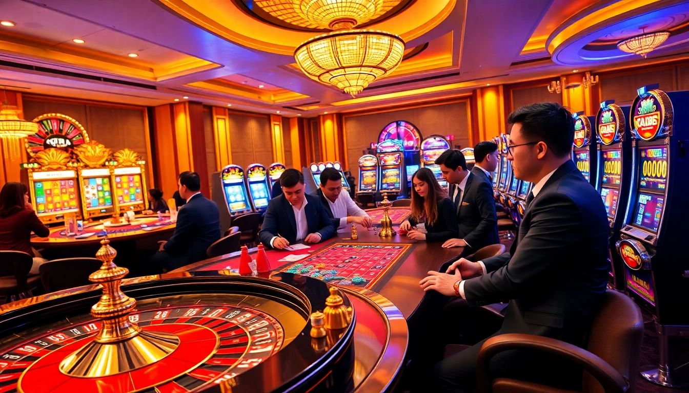 Engaging gamblers at qh88's luxurious online casino tables with vibrant slot machines.