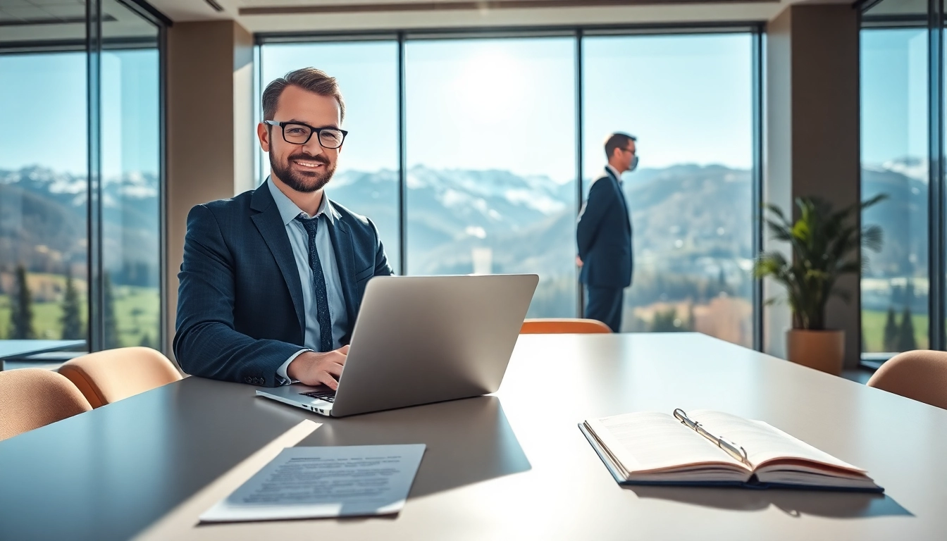 Headhunter Schweiz in einem modernen Büro mit Blick auf die Alpen und einem Laptop auf dem Tisch.