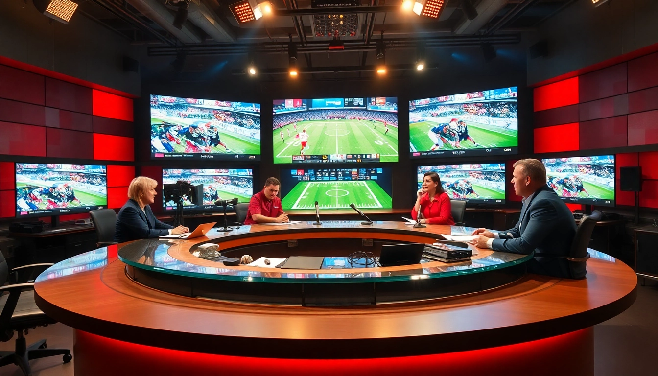 Engaging scene featuring Sports Broadcasting hosts discussing live game analysis in a vibrant studio.