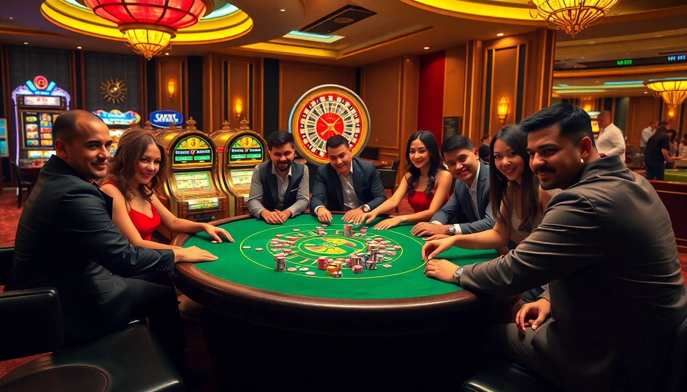 Gambling excitement at QH88 casino featuring players engaged in poker amidst vibrant slot machines.
