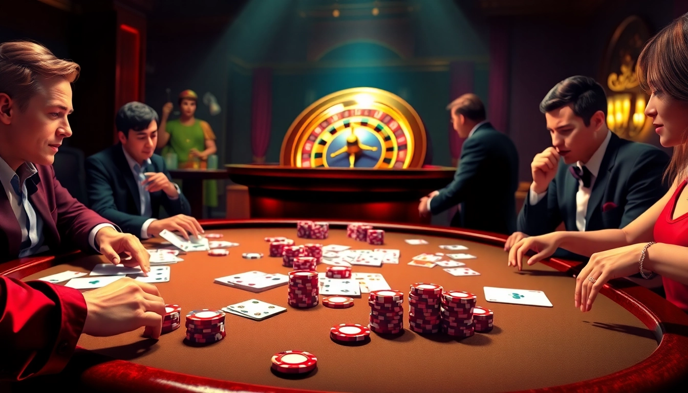 Cược và thắng lớn tại https://luck8.net với các chip bài poker và bánh xe roulette trong một khu casino sống động.