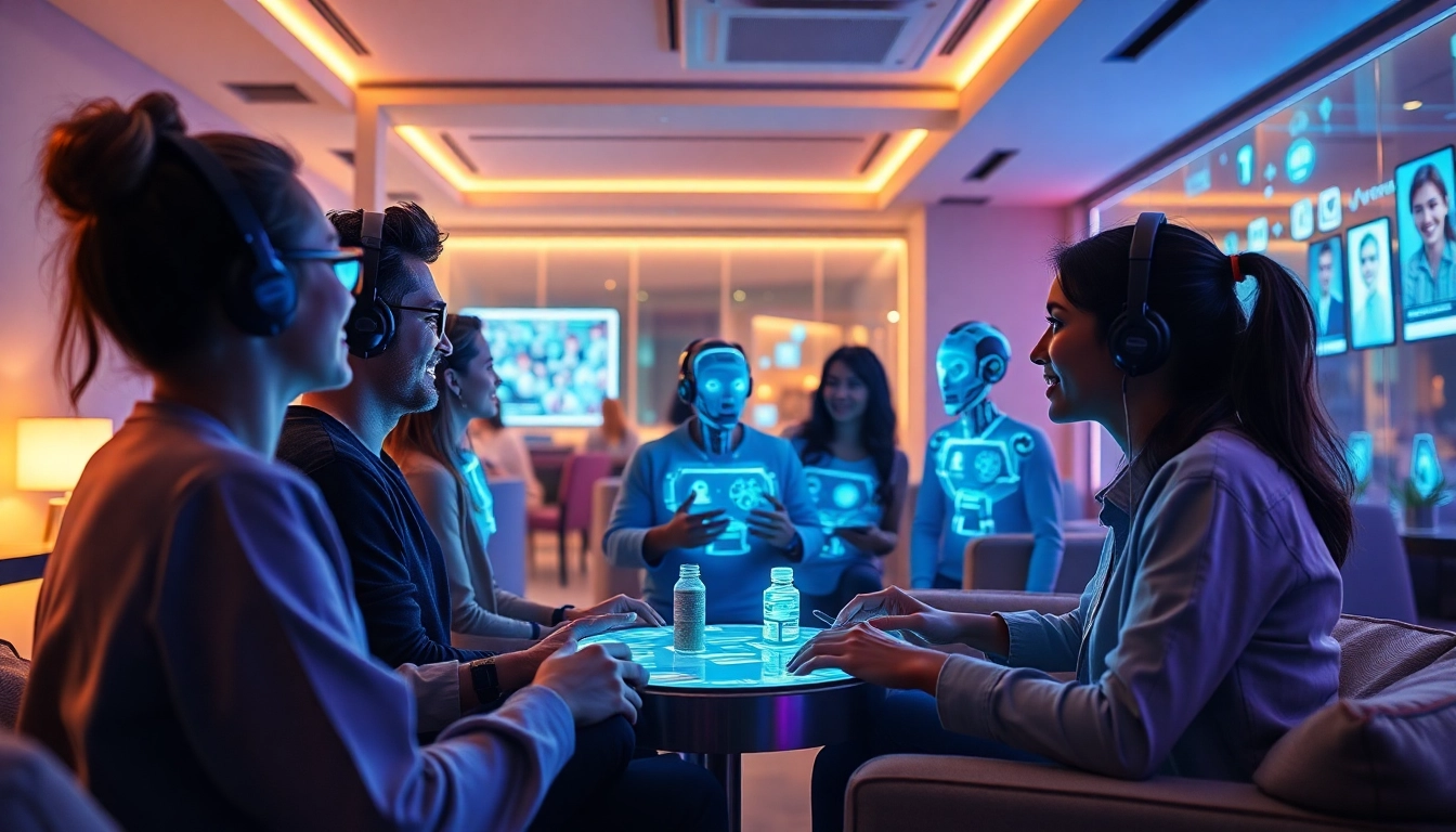 Engaging scene of 18+ ai interactions in a modern tech lounge, showcasing AI chatbots and avatars.