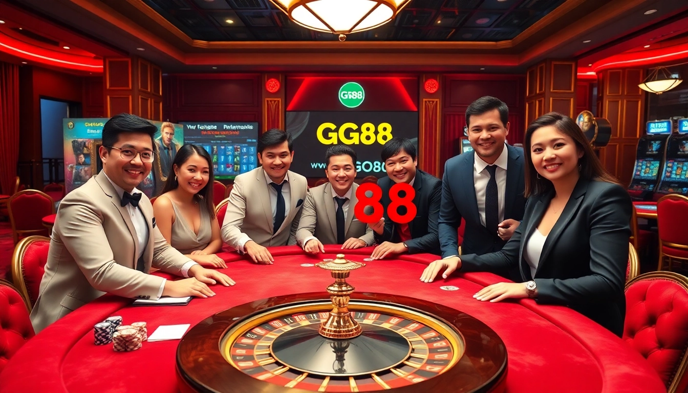 Gamblers enjoying the thrilling atmosphere at GG88's luxurious casino games.