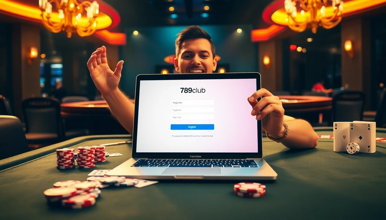 Players excitedly registering for đăng ký 789club with casino elements like cards and chips.