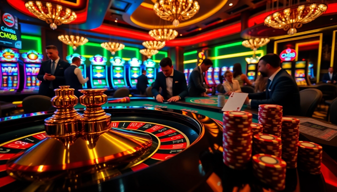 Players experience excitement at a casino with the CM88 branding on a betting slip amidst vibrant gaming.