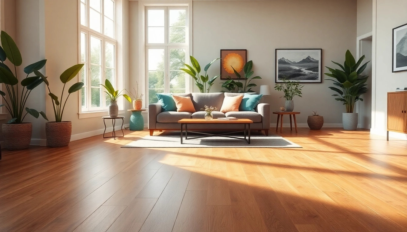Showcase flooring options in a beautifully styled living room with warm, natural tones.