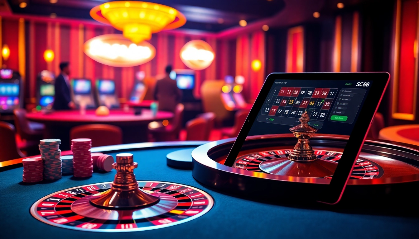Experience the thrill of SC88 as poker chips stack up next to a vibrant roulette table.