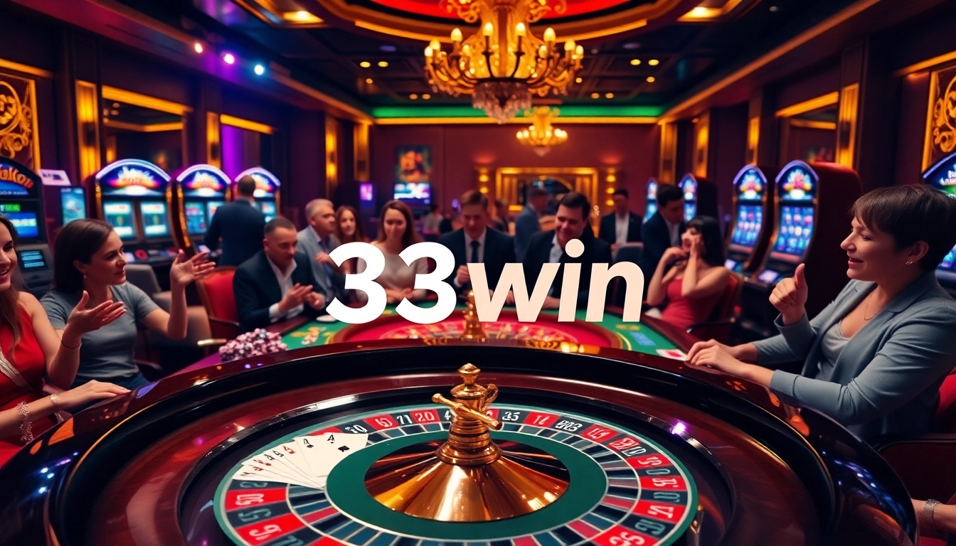 Players celebrating their wins at a luxurious casino table featuring 33win betting options.
