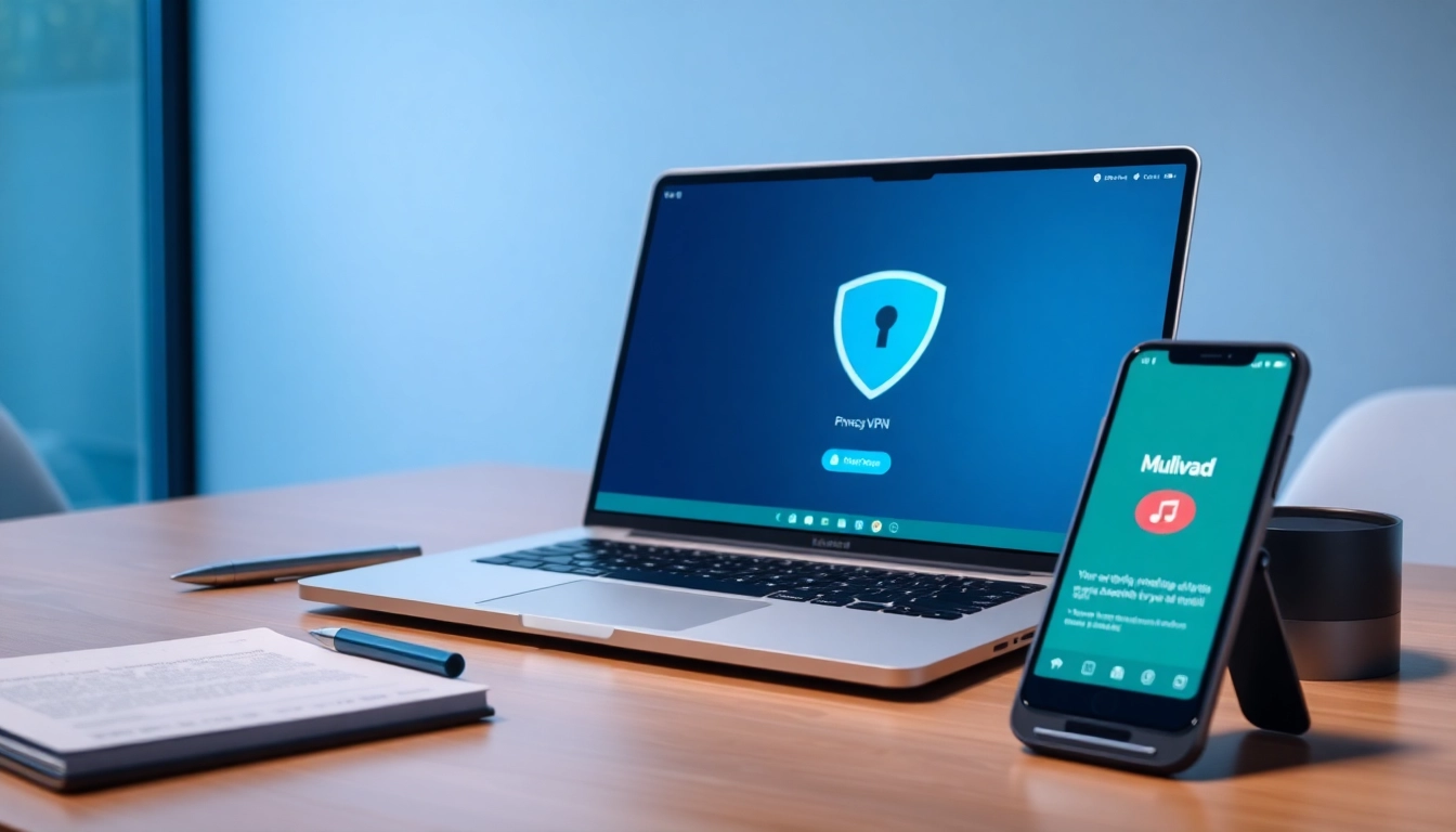 Mullvad VPN interface showcased on a modern laptop in a tech-savvy workspace.